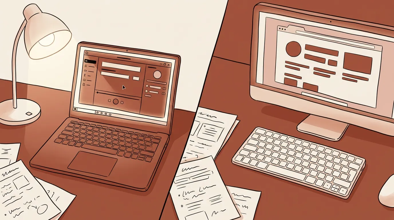 Overhead view of a dual-OS workspace setup comparing screen studio alternatives for Windows and Mac recording